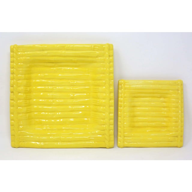 Mid-Century Modern 1970's Yellow Square Ceramic Bamboo Motif Bowls - Set of 2 For Sale - Image 3 of 7