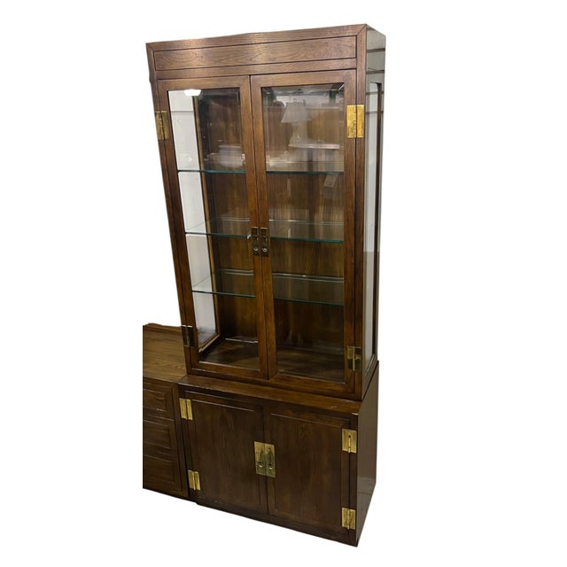 Henredon Campaign Lighted Display Curio Cabinets Scene 1 a Pair For Sale - Image 9 of 18