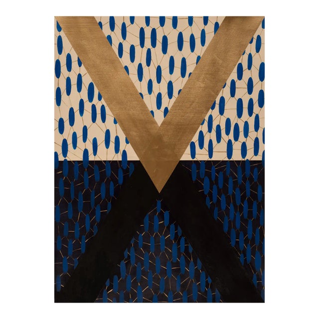 Rebound, Striking Blue and Gold Geometric Abstract Painting on Paper, Unframed, 2020 For Sale