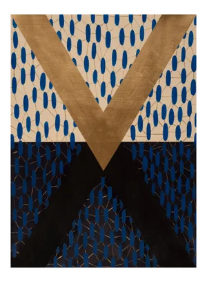 Rebound, Striking Blue and Gold Geometric Abstract Painting on Paper, Unframed, 2020