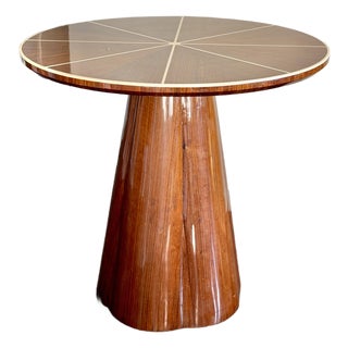 Made Goods Novak Entryway Table in Teak Gloss and Faux Bone Inlay Mid-Century Style Round Pedestal Entry Table For Sale
