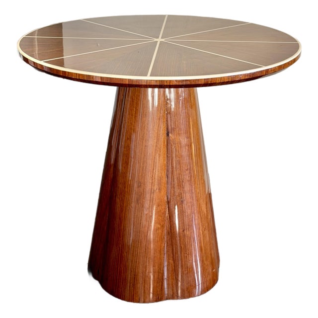 Made Goods Novak Entryway Table in Teak Gloss and Faux Bone Inlay Mid-Century Style Round Pedestal Entry Table For Sale
