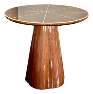 Made Goods Novak Entryway Table in Teak Gloss and Faux Bone Inlay Mid-Century Style Round Pedestal Entry Table
