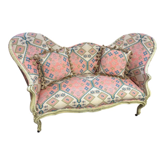 Vintage French Provincial Style Settee With Gorgeous Upholstery For Sale