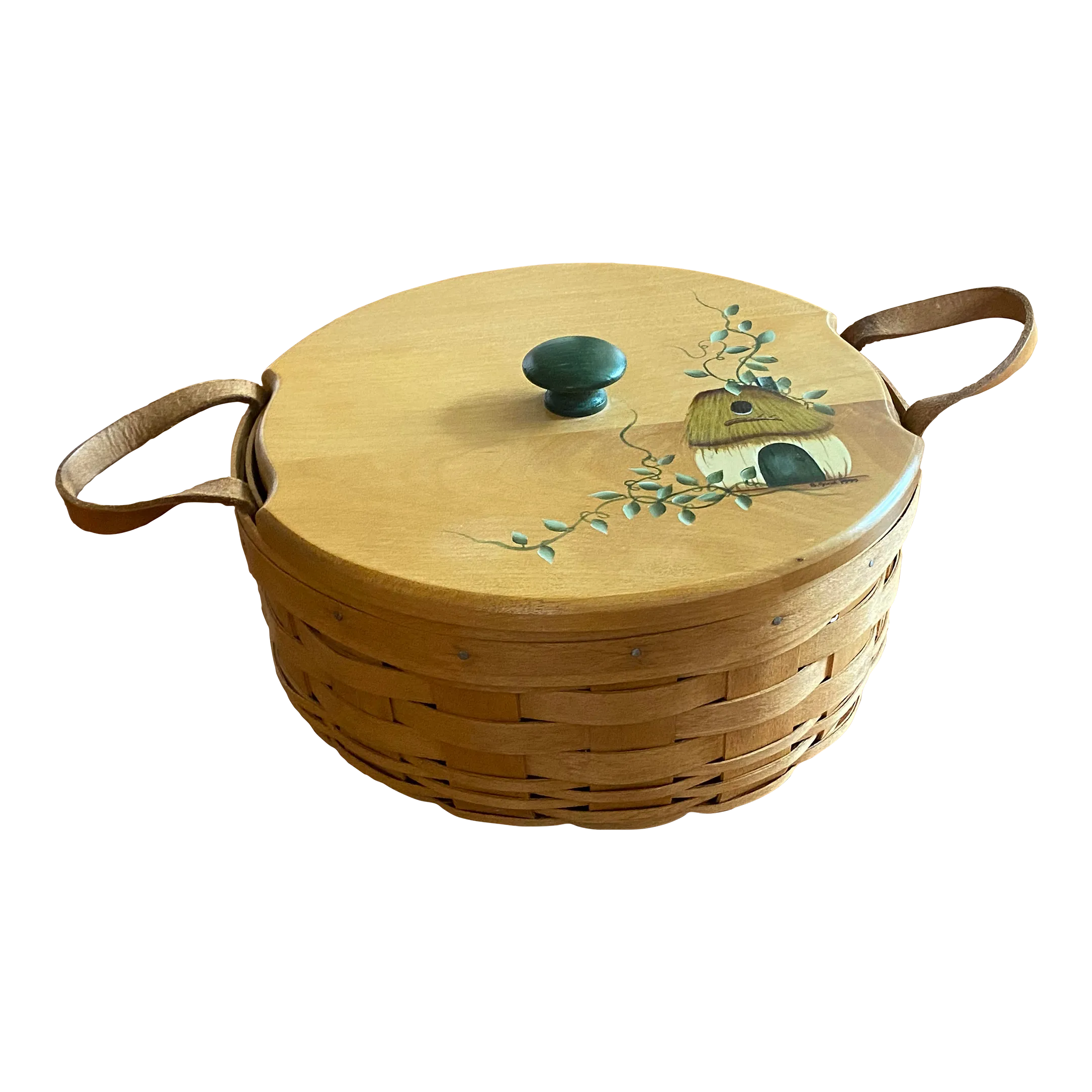 New Vtg. 1992. Longaberger Basket, Leather Handles Hand Painted
