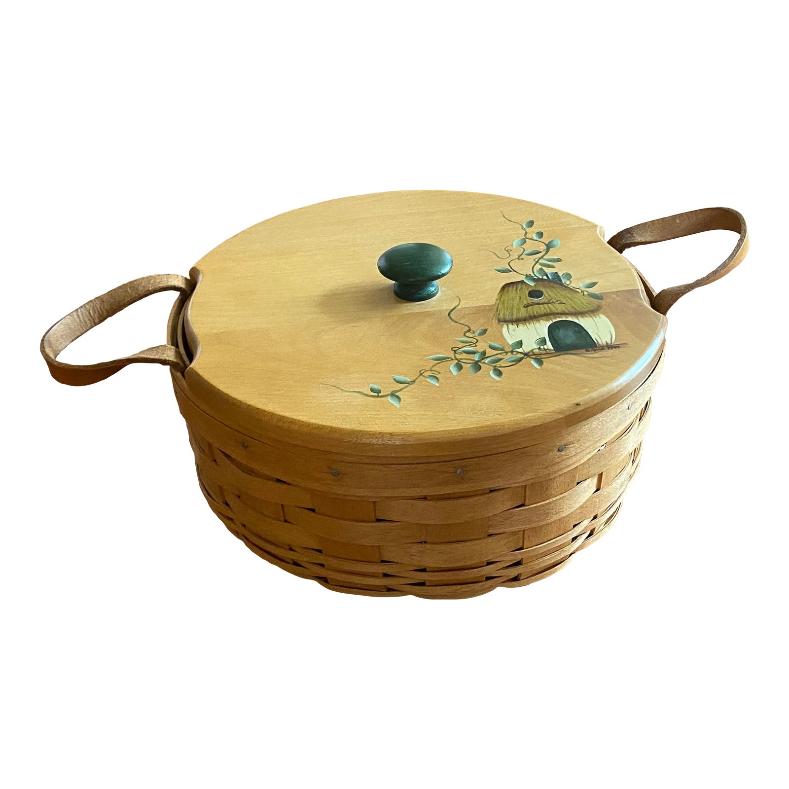 New Vtg. 1992. Longaberger Basket, Leather Handles Hand Painted