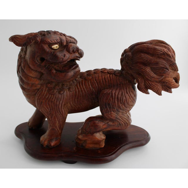 Wood Antique Japanese Wood Shishi Foo Dog Lion Okimono Meiji Taisho Inlaid Eyes 10.5” For Sale - Image 7 of 7