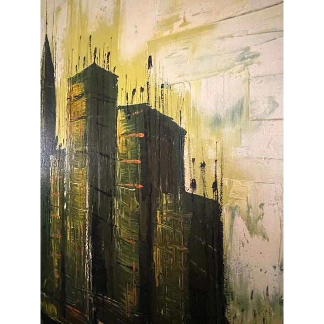 Vintage Lee Reynolds Cityscape Painting Mid Century Modern | Abstract Yellow Green Impasto Oil Canvas MCM Wall Art | Vanguard Studios Signed For Sale In Sacramento - Image 6 of 9