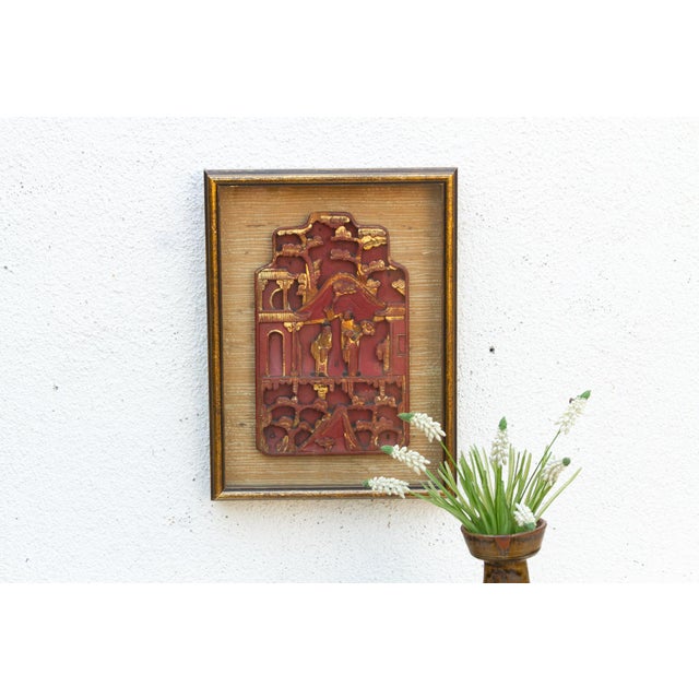 Asian Antique Framed Red & Gilt Carved Wall Art For Sale - Image 3 of 10