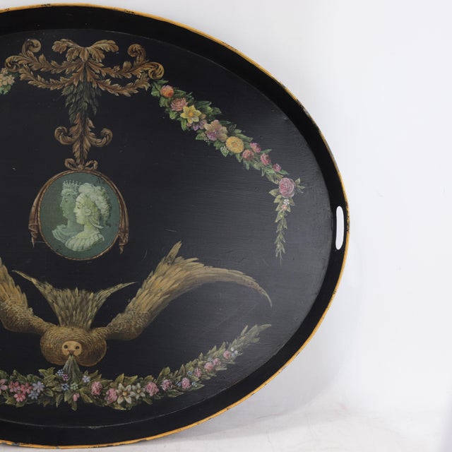 Vintage Hand Painted Tole Tray Black Lacquer With Classical Cameo Portrait and Golden Owl Motif For Sale - Image 13 of 18