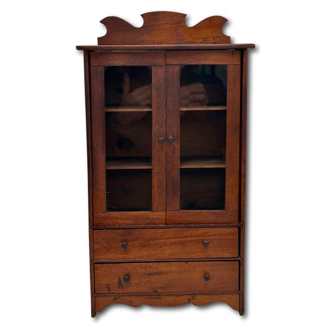 Unusual Early 1900s Antique American Miniature Size Wood & Glass Front "Salesmans Sample" Kitchen Hutch - 23 Inches Tall For Sale - Image 4 of 18