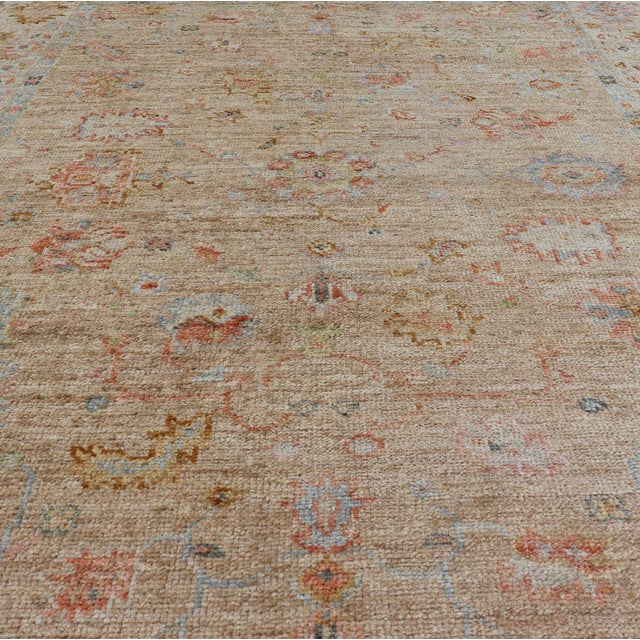 Shabby Chic Turkish Oushak Floral Design With Color on a Taupe Field and Ivory Border 5'0 X 6'10 For Sale - Image 3 of 12