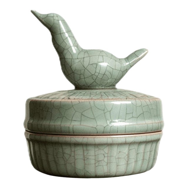 Chinese Ceramic Censer,Guan Ware Crackle Glaze Celadon Porcelain Incense Burner Hand Carved Bird Statue For Sale