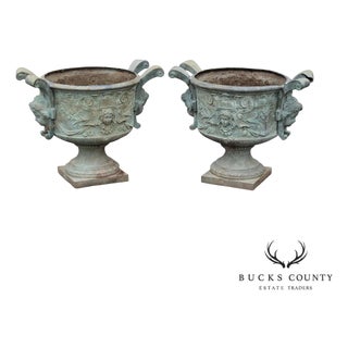 Antique Pair of Lead Alloy Outdoor Garden Urns For Sale