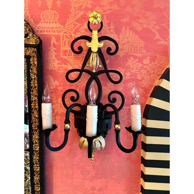Metal Wrought Iron Sconces with 24K Gold in the Style of Rene Drouet - a Pair For Sale - Image 7 of 10