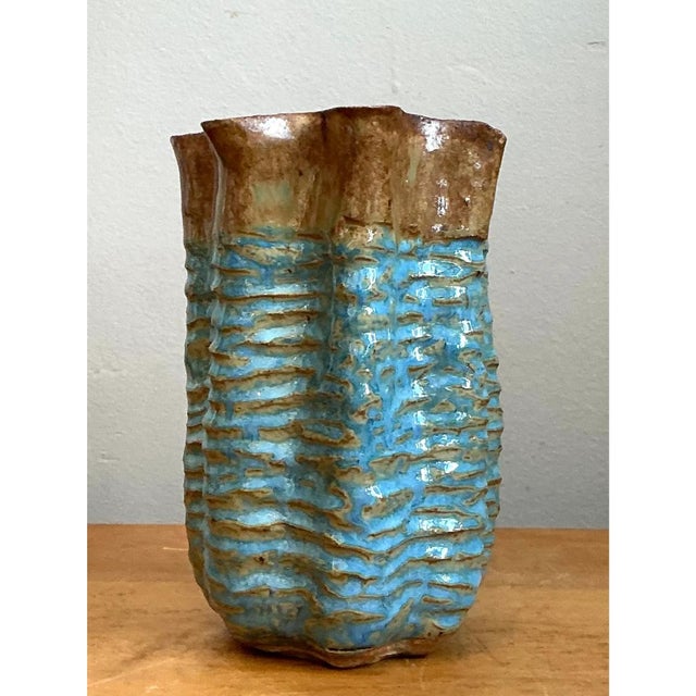 Vintage Textured Blue Ceramic Vase For Sale - Image 10 of 12