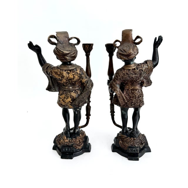 Mid-20th C Venetian-Style Moorish Figural Bronze Candlesticks - A Pair For Sale - Image 4 of 10