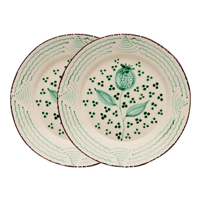 Casa Nuno Green and White Dinner Plates, Pomegranate/Waves, Set of 2 For Sale