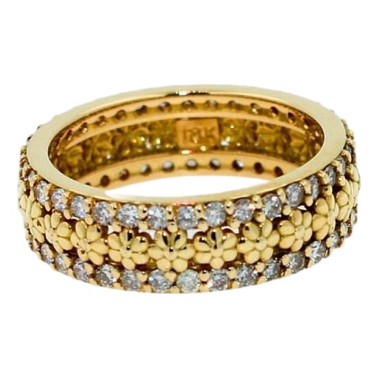 Diamond Flower Nature Floral Flora Prong Set Eternity Wedding Band 18 Karat, Size 5.5 For Sale