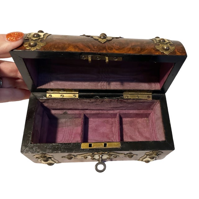 Wood Antique Victorian Domed English Burr Walnut Wood & Bone Tea Caddy Box W/Key For Sale - Image 7 of 8