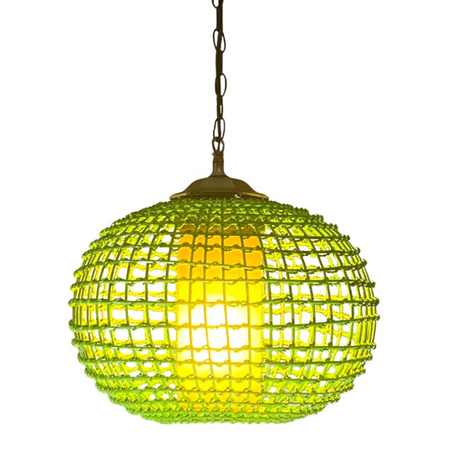 Vintage Rattan Green Globe Oange Glass Shade Pendant Light For Sale In New York - Image 6 of 18
