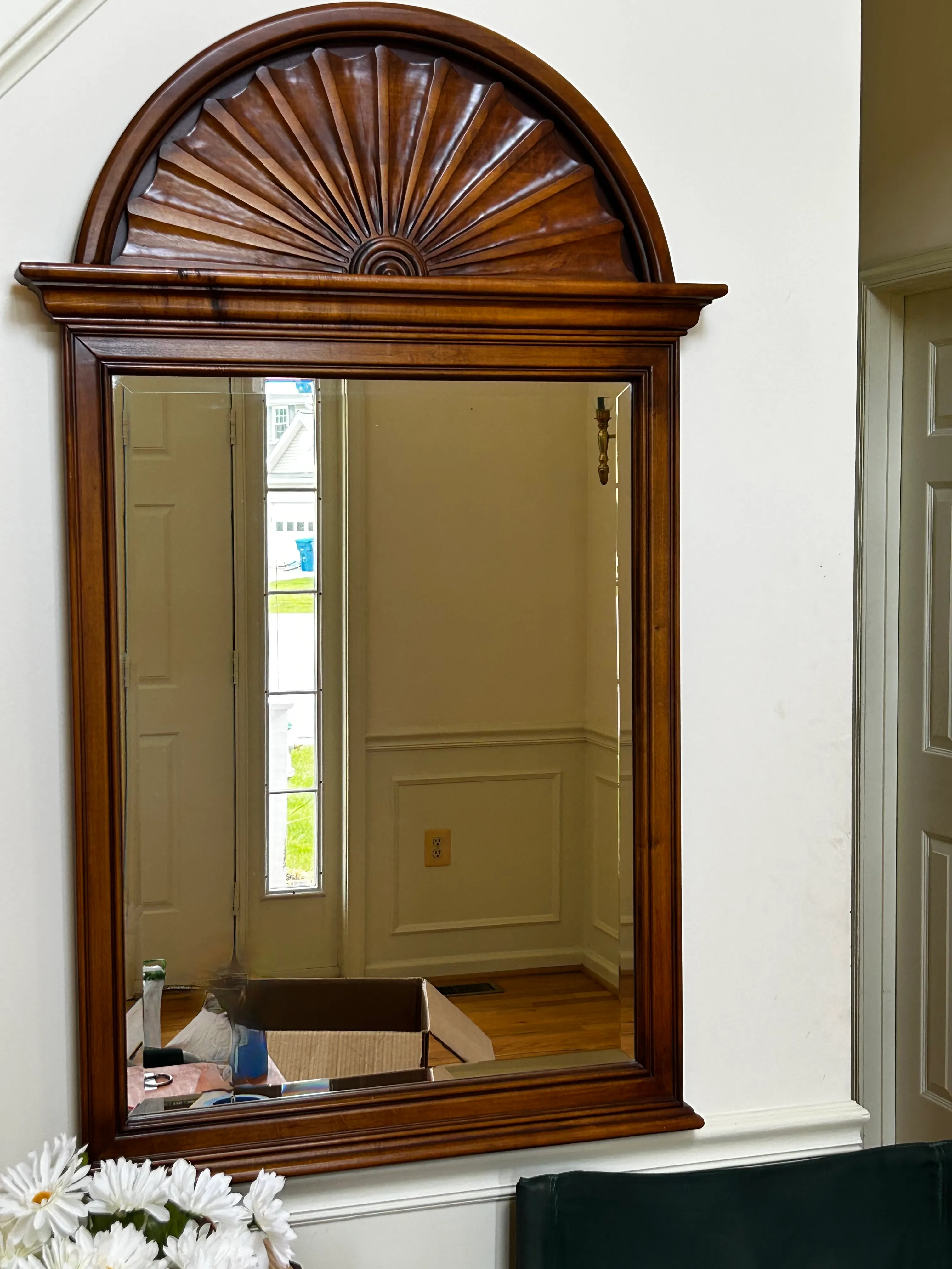 Large Solid Wood Foyer Mirror Hall Mirror Carved Fan-Shaped Arch