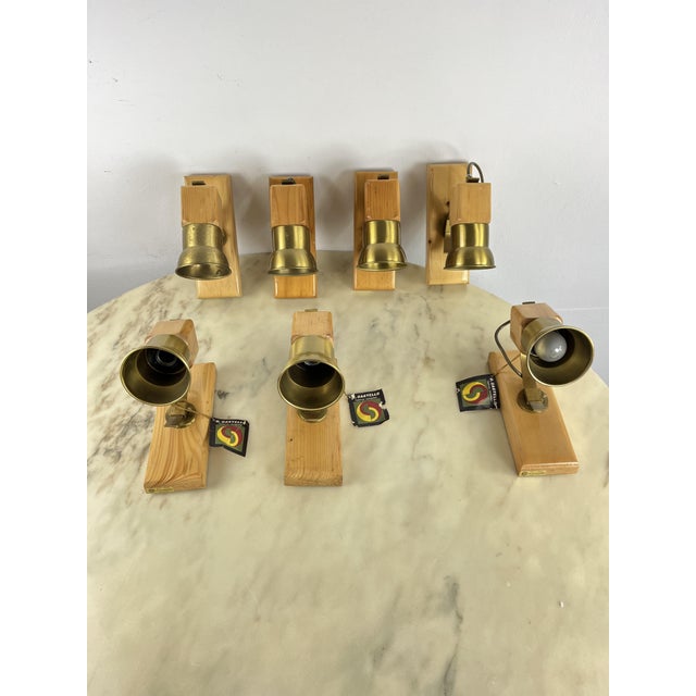 Mid-Century Wood and Brass Wall Lamps, 1960s, Set of 7 For Sale - Image 15 of 15