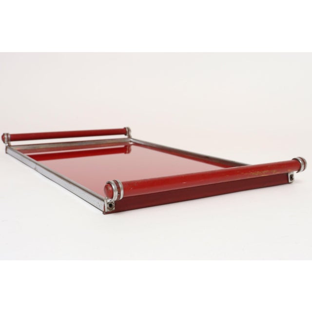 Metal American Art Deco Chrome, Glass, Red Laminate and Painted Wood Tray For Sale - Image 7 of 18