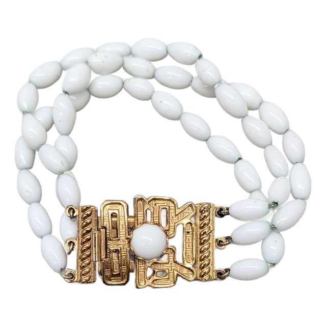 Vintage 1960s Signed Napier Goldtone & White Beaded Asian Influenced Bracelet For Sale