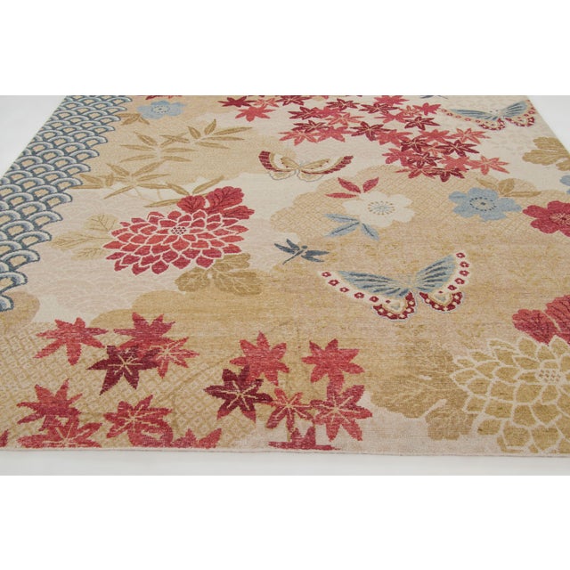 Contemporary Contemporary Japanese Botanical & Seigaiha Wave Wool Rug by Rug & Kilim, India For Sale - Image 3 of 10