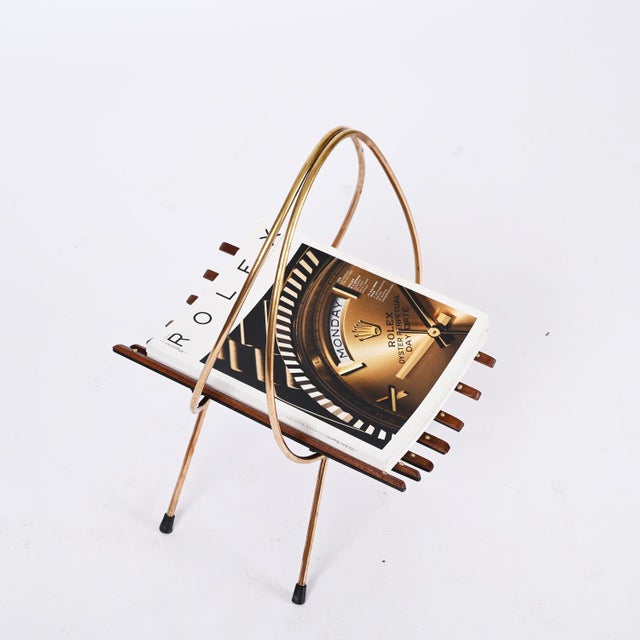 Mid-Century Italian Enameled Metal, Teak and Brass Magazine Rack, 1960s For Sale - Image 12 of 16