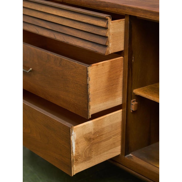 Mid-Century Modern Merton Gershun Style Bassett Mid Century Walnut and Brass Louvered Credenza For Sale - Image 3 of 12
