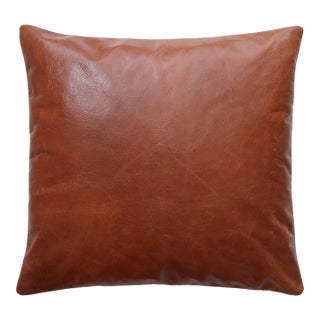 Luxury Cognac Genuine Leather Throw Pillow 18x18 | Handmade Full-Grain Leather Cushion For Sale