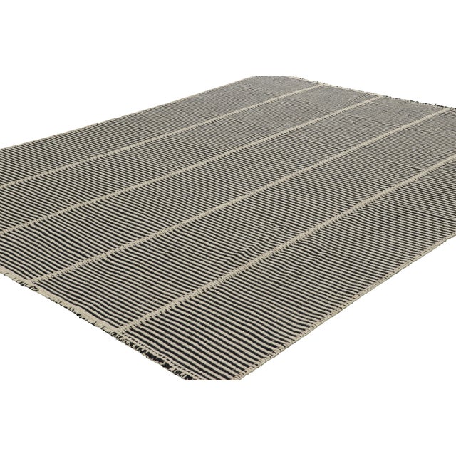 Rug & Kilim Rug & Kilim’s Contemporary Kilim With Textural Cream and Black Stripes For Sale - Image 4 of 7