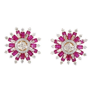 4.42 Carat Round Brilliant Cut Diamond Ruby Gold Earrings, Pair For Sale