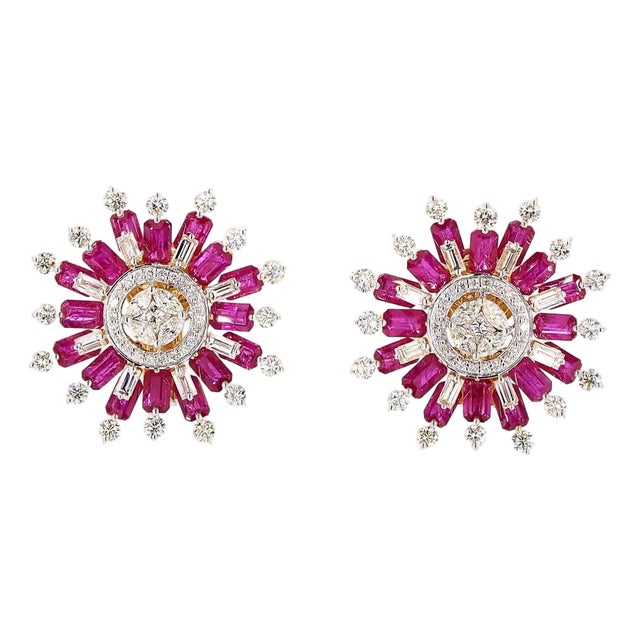 4.42 Carat Round Brilliant Cut Diamond Ruby Gold Earrings, Pair For Sale