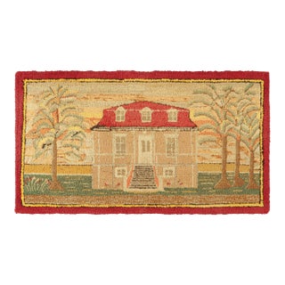 Antique Framed Hooked Rug, Beige With Country Home Pictorial - Rug & Kilim For Sale