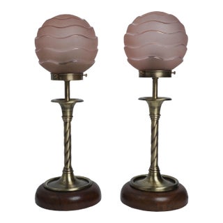 Pair of Art Glass European Shades on Brass Table Lamps, Art Deco Period For Sale