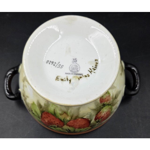 Burnt Orange Vintage Bavarian Porcelain Bouillon Bowl & Saucer, Hand-Painted Strawberry Motif, Double-Signed Set, Opalescent Lustre, l.d. Bloch & Co. Bavaria For Sale - Image 8 of 18