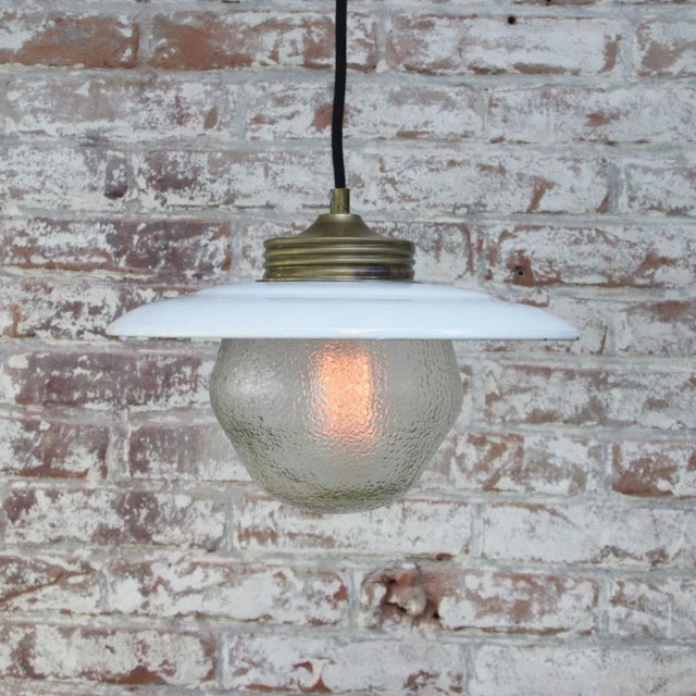 Vintage Brass, White Enamel & Frosted Glass Pendant Lights For Sale - Image 4 of 7
