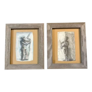 1970’s 2 Original Asymmetrical Abstract Fame/Female Nude Paintings /Drawings Framed