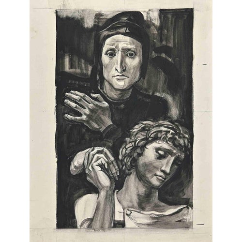 Albert Decaris, The Compassion, Mid-20th Century, Watercolor and Ink Drawing For Sale