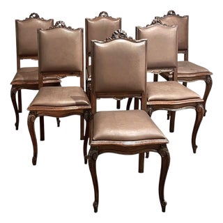 Set of 6 Antique Country French Louis XVI Dining Chairs With Leather For Sale