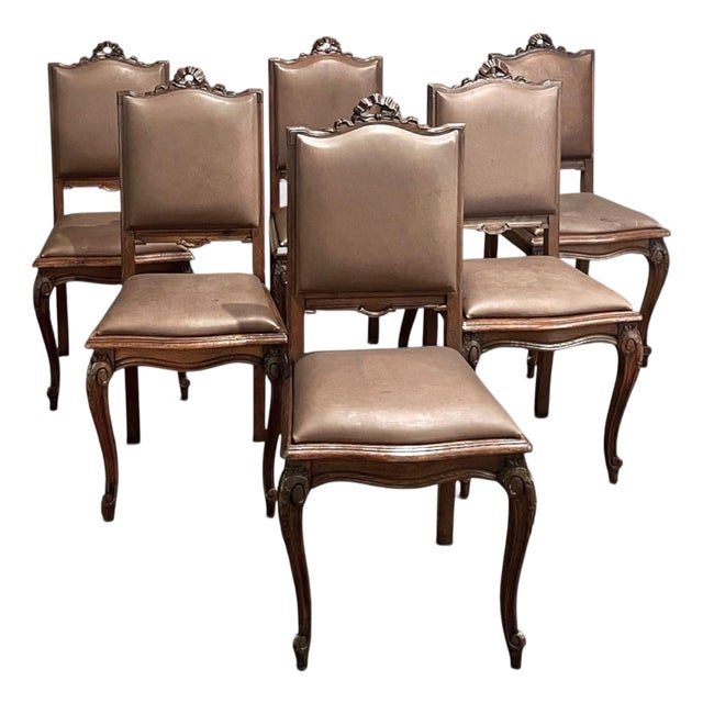 Set of 6 Antique Country French Louis XVI Dining Chairs With Leather For Sale