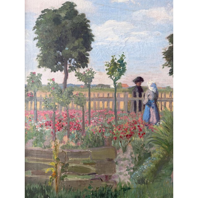 Wood 19th-Century English Garden Scene With Figures — Signed Oil on Canvas For Sale - Image 7 of 7