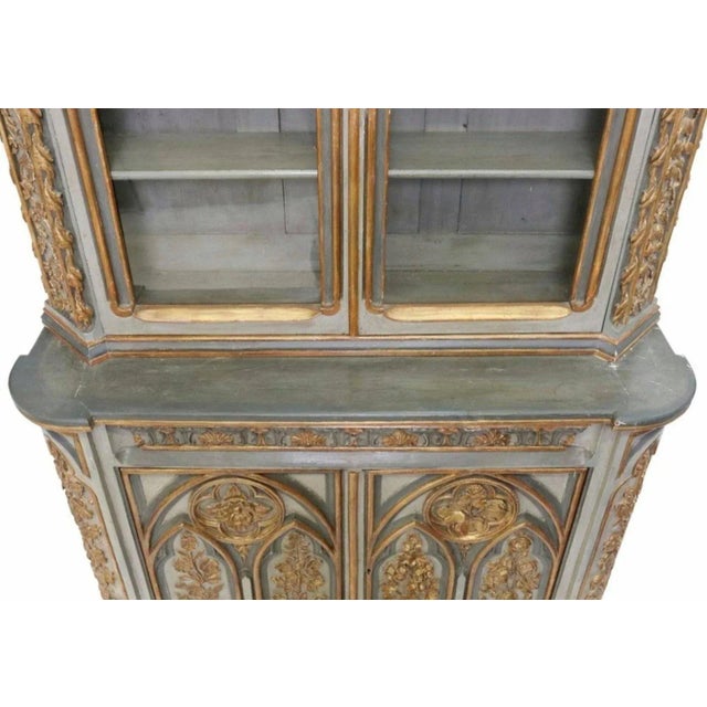 Gothic Monumental 19th Century Gothic Revival Carved Painted Gilded Wood Glass Door Two-Piece Hutch Buffet China Cabinet For Sale - Image 3 of 9
