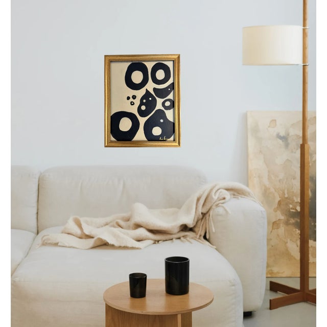 Bryan Boomershine, original abstract Mid-Century Inspired Painting in cream and black with a gold frame. This painting...