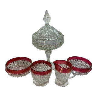 Vintage Indiana Glass Diamond Point Ruby Flash Holiday Set - 5 Pieces For Sale