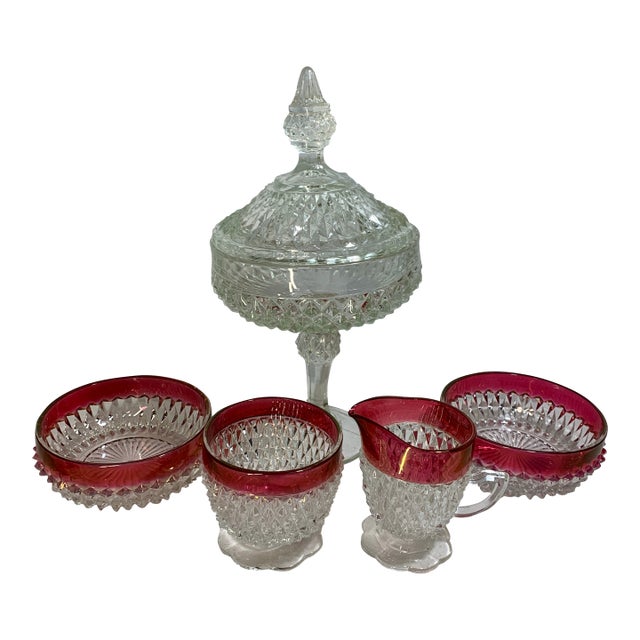 Vintage Indiana Glass Diamond Point Ruby Flash Holiday Set - 5 Pieces For Sale