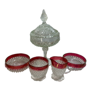 Vintage Indiana Glass Diamond Point Ruby Flash Holiday Set - 5 Pieces